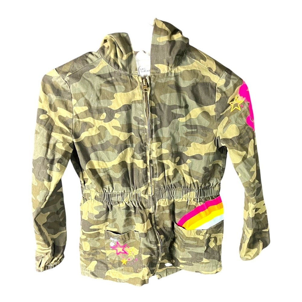 Epic Threads Camo Hooded Jacket Girls‎ Medium Rainbow Star Accents Elastic Waist